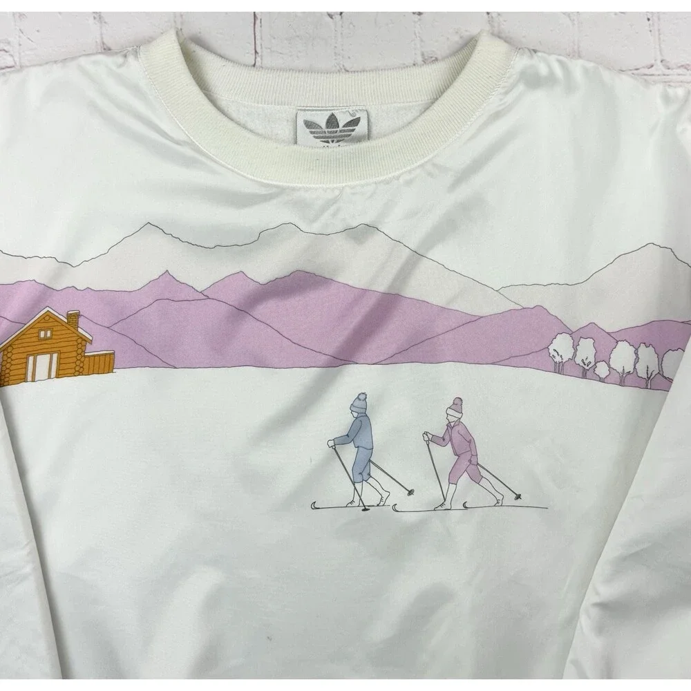 Vintage 80s Adidas AOP Skiing Ski Snow Winter Pink Nylon Sweatshirt Size Large L